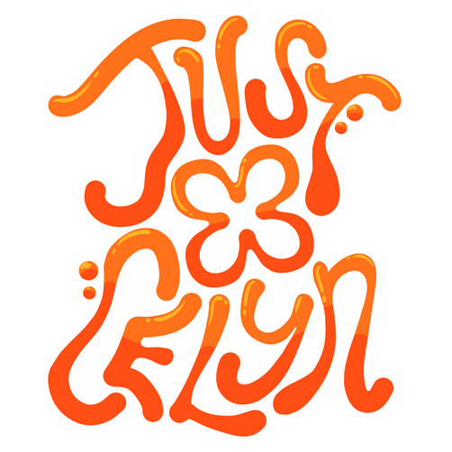 "JUSTCELYN" logo, with orange text and white border.